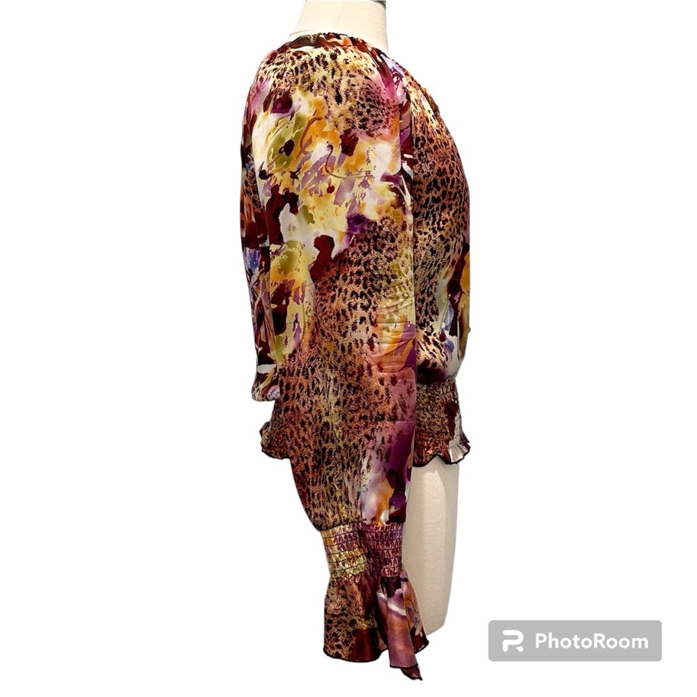Cache 100% Silk Abstract Leopard Print Peasant Bl… - image 7